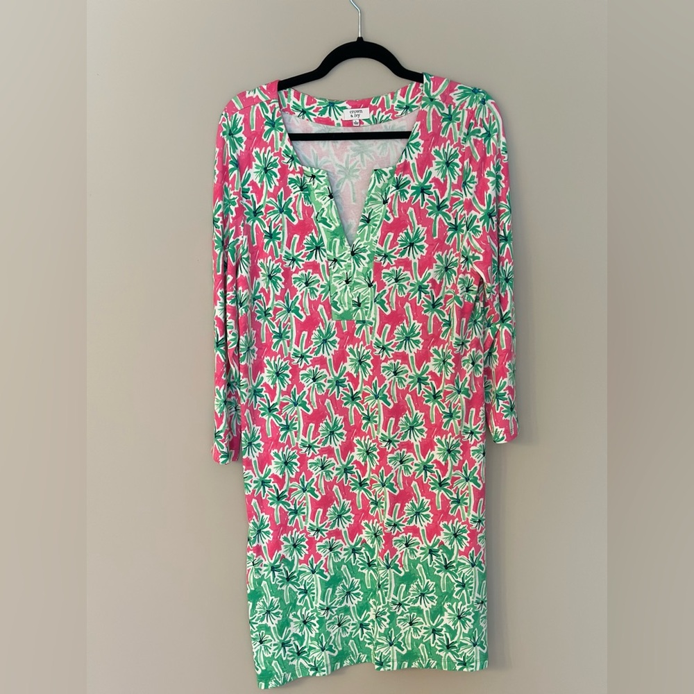 Crown & Ivy Pink/Green Palm Tree 3/4 Sleeve Dress